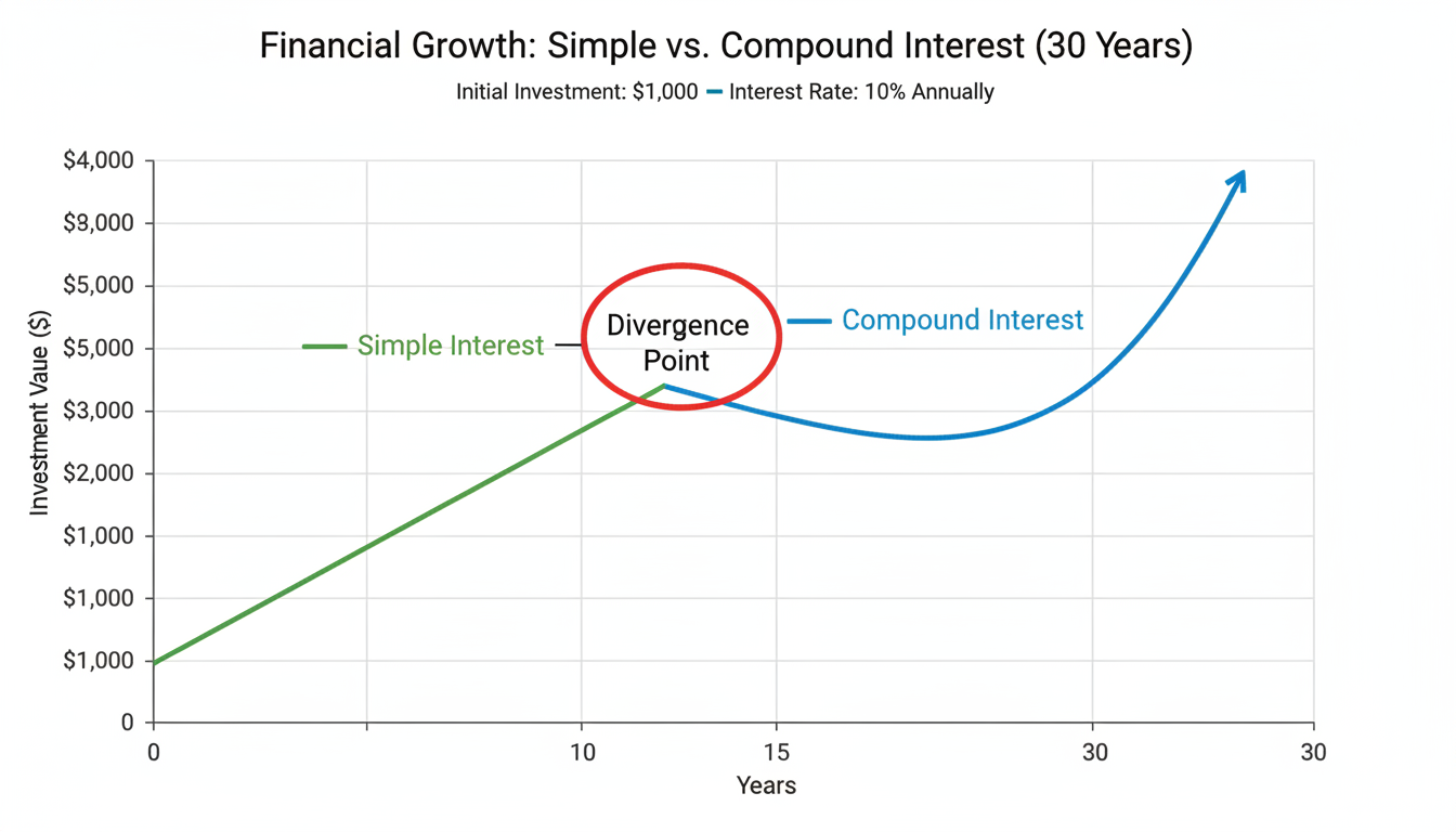 simple interest vs compound interest formula - detailed line chart comparing the linear growth of simple interest vs the exponential curve of compound interest over 30 years, highlighting the divergence point