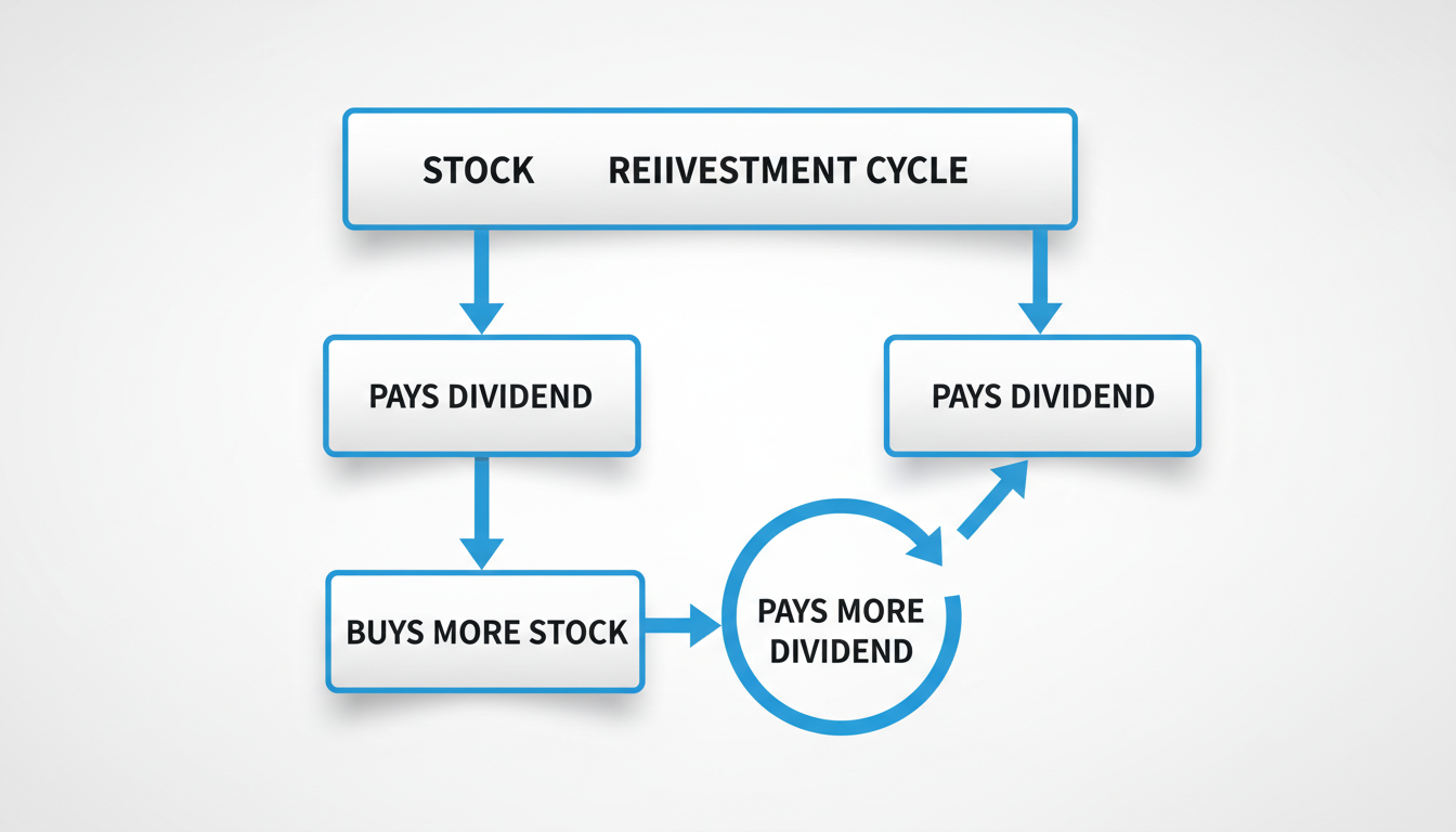 simple interest vs compound interest formula - flowchart diagram showing the cycle of dividend reinvestment: Stock -> Pays Dividend -> Buys More Stock -> Pays More Dividend