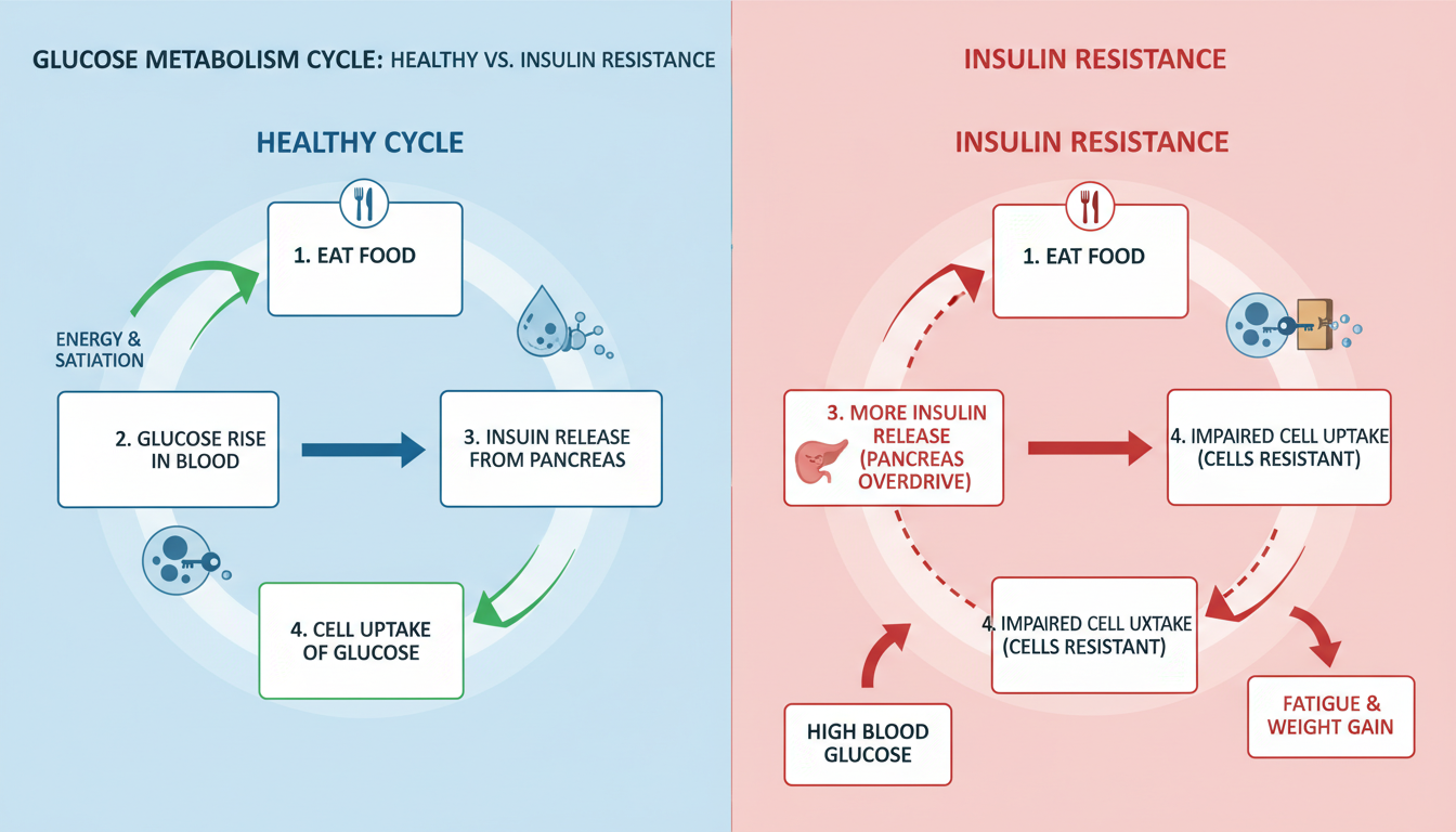blood sugar level chart by age 50 - professional flowchart showing the cycle of 'Eat > Glucose Rise > Insulin Release > Cell Uptake', contrasting a healthy cycle vs. insulin resistance