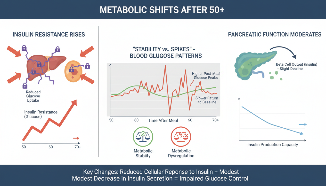 blood sugar level chart by age 50 - detailed infographic illustrating the metabolic changes after age 50, showing insulin resistance increasing and pancreatic function slightly decreasing, with a 'stability vs spikes' graph