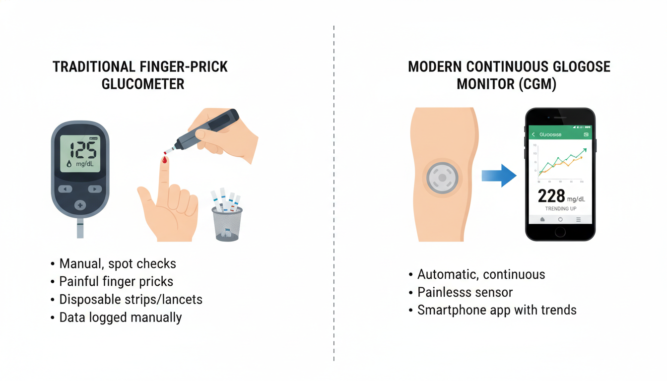 blood sugar level chart by age 50 - comparison diagram showing a traditional finger prick glucometer versus a modern Continuous Glucose Monitor (CGM) with a smartphone app displaying a trend arrow