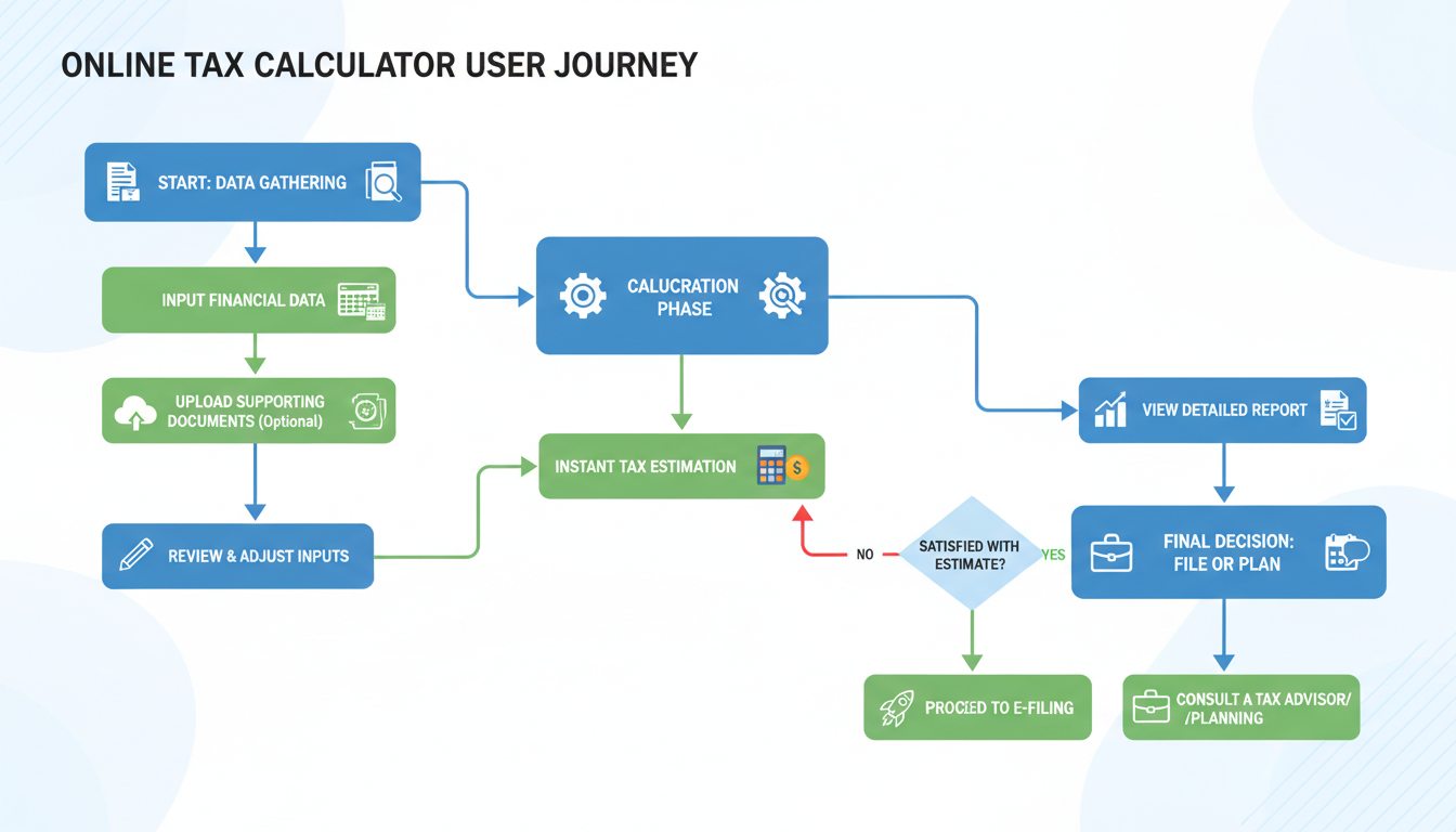 income tax calculator new regime vs old regime - step-by-step flowchart graphic showing the user journey of using an online tax calculator from data gathering to final decision