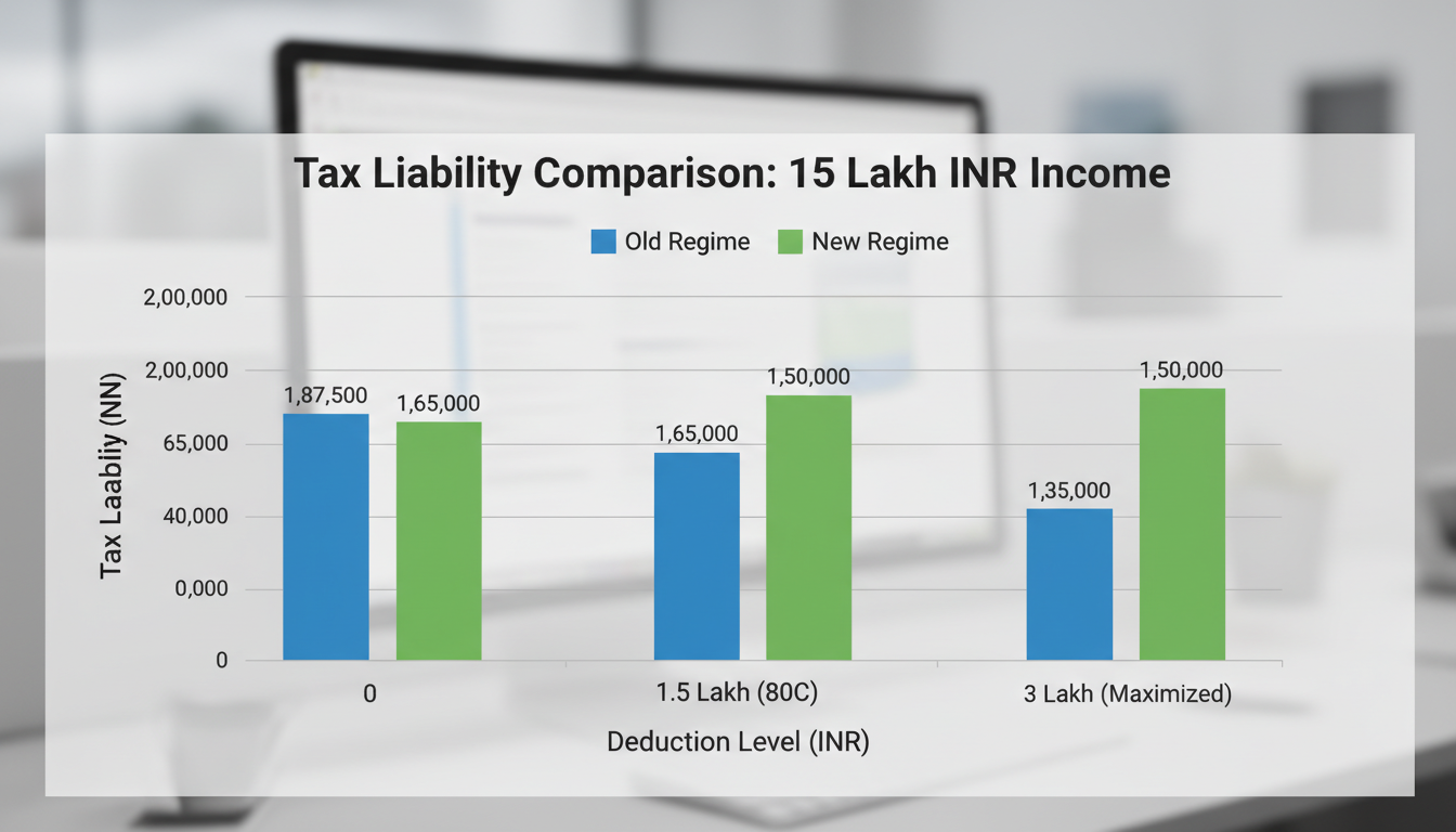 income tax calculator new regime vs old regime - data visualization bar chart comparing tax liability at 15 Lakh income under both regimes with varying deduction levels
