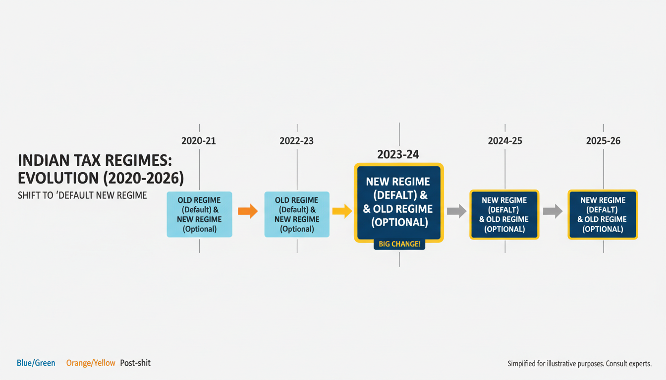 income tax calculator new regime vs old regime - professional infographic timeline showing the evolution of Indian tax regimes from 2020 to 2026, highlighting the shift to 'Default New Regime'