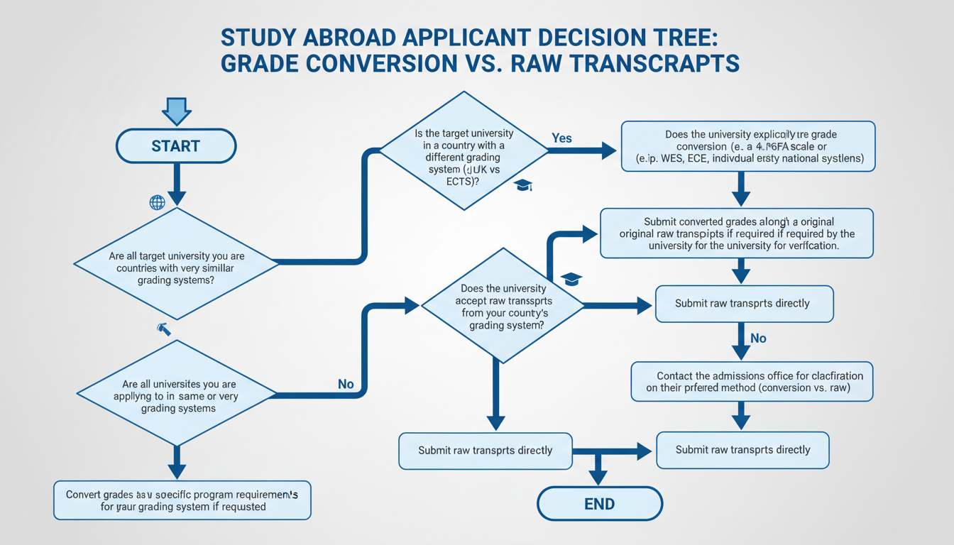 how to convert SGPA to percentage - process flowchart showing the decision tree for study abroad applicants: when to convert grades vs when to submit raw transcripts
