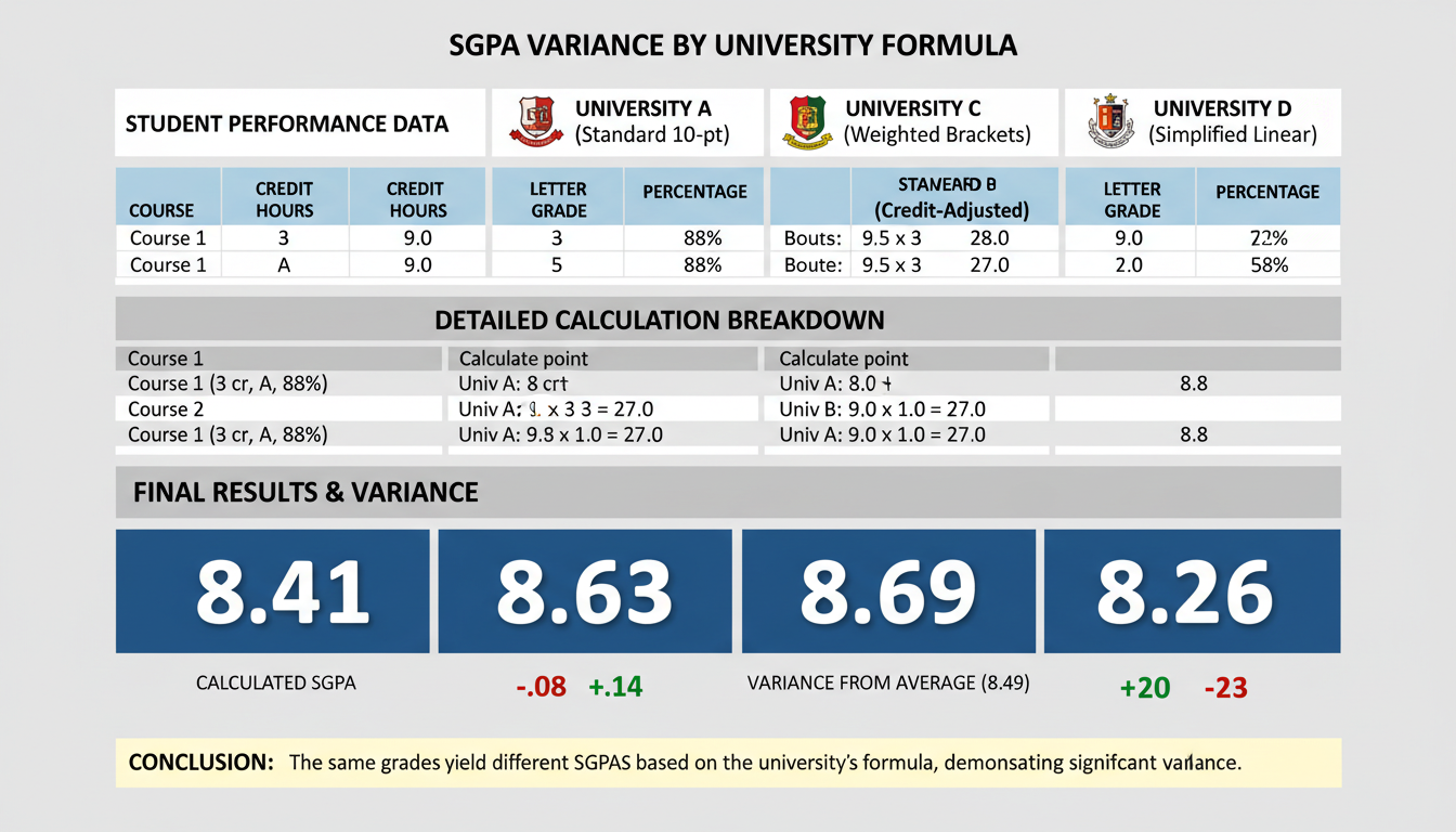 how to convert SGPA to percentage - detailed comparison chart showing a side-by-side calculation of a 7.8 SGPA using four different university formulas to highlight the result variance