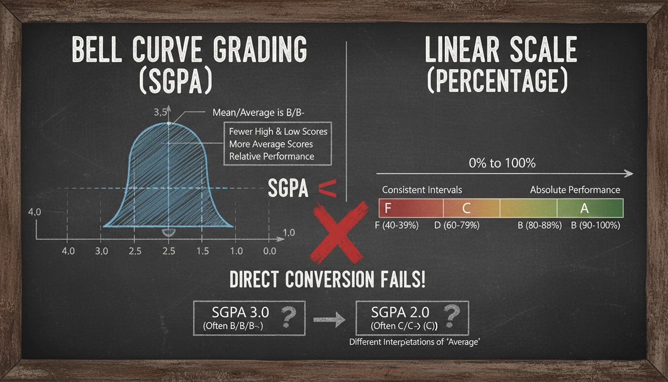 how to convert SGPA to percentage - educational infographic showing the visual difference between a bell curve grading system (SGPA) and a linear scale (Percentage) to illustrate why direct conversion fails