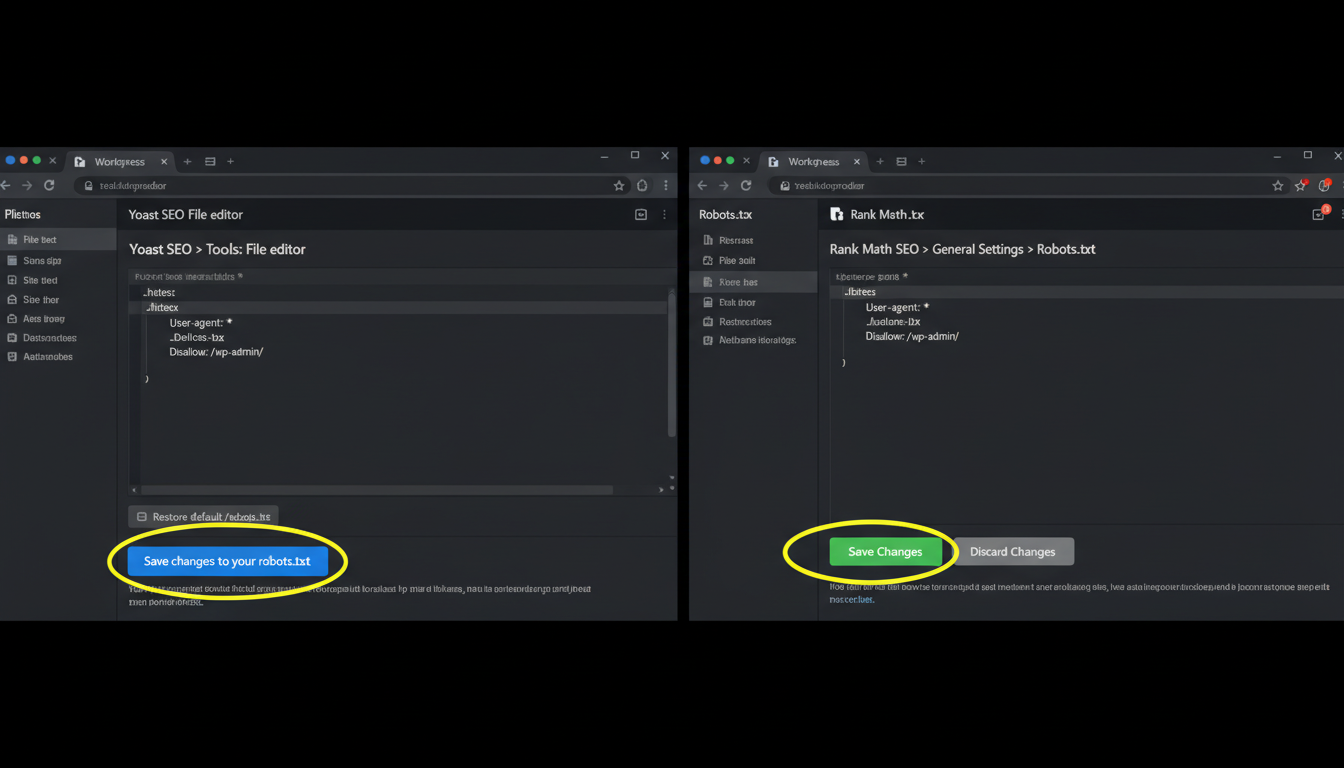 create robots.txt for WordPress - split-screen screenshot showing the interface of Yoast SEO File Editor on the left and Rank Math Robots.txt editor on the right, highlighting the save buttons