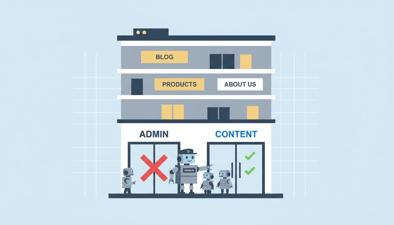 create robots.txt for WordPress - professional minimalist illustration comparing a website structure to a building, showing robots.txt as a security guard directing robot characters away from 'admin' doors and toward 'content' doors
