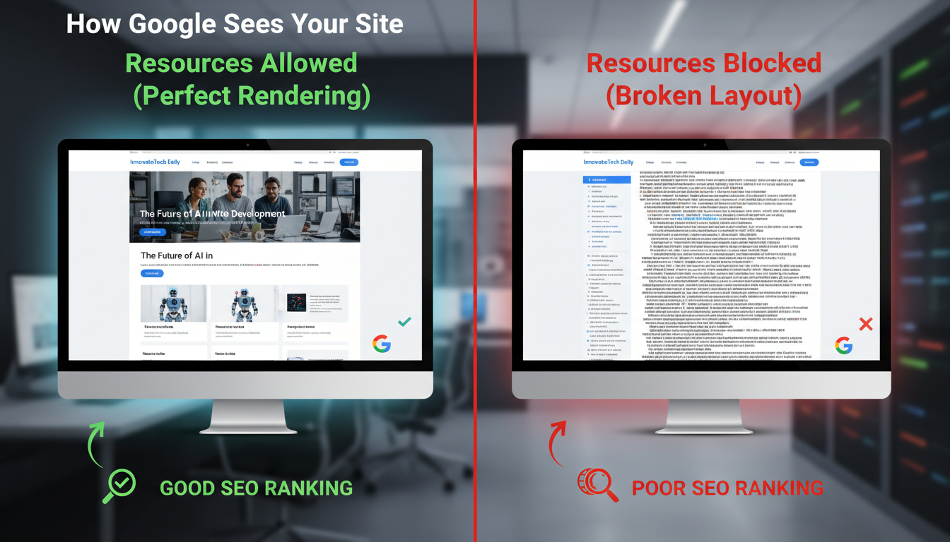 create robots.txt for WordPress - visual comparison showing 'How Google sees your site' with resources allowed (perfect rendering) vs resources blocked (broken layout), emphasizing the impact on SEO