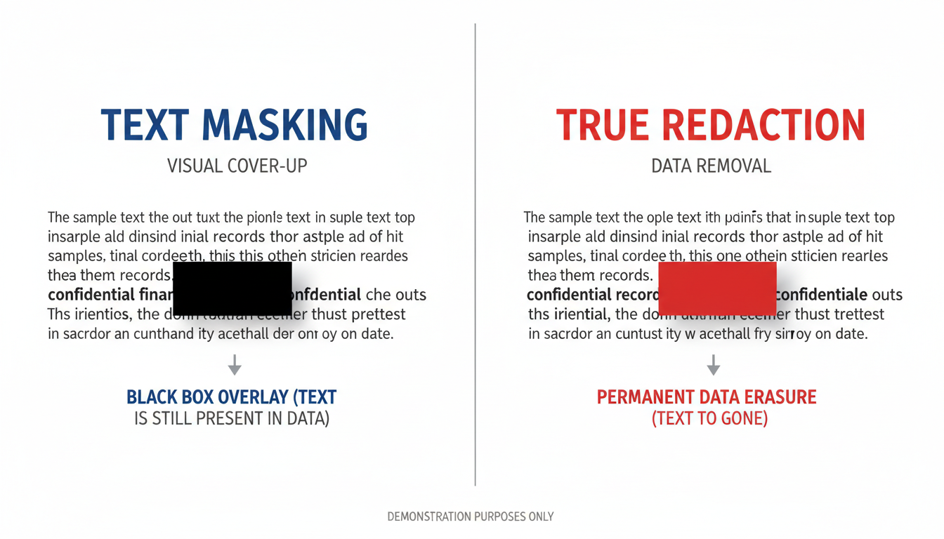PDF Organizer - visual comparison chart showing the difference between 'masking' text with a black box vs. true 'redaction' which removes the data layer