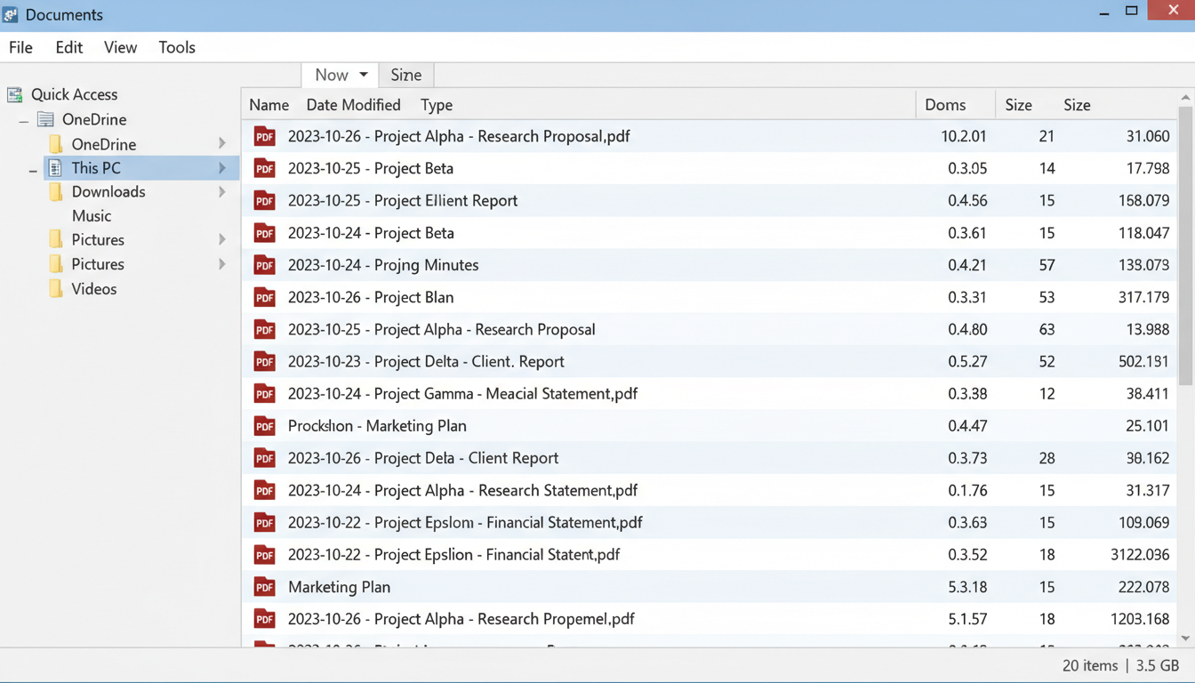 PDF Organizer - screenshot of a file explorer window showing a list of perfectly organized PDF files using the YYYY-MM-DD naming convention
