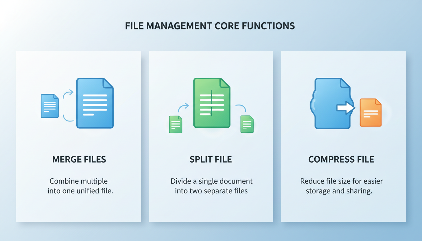 PDF Organizer - detailed infographic showing the three core functions: merging files into one, splitting one file into two, and compressing a large file into a smaller one