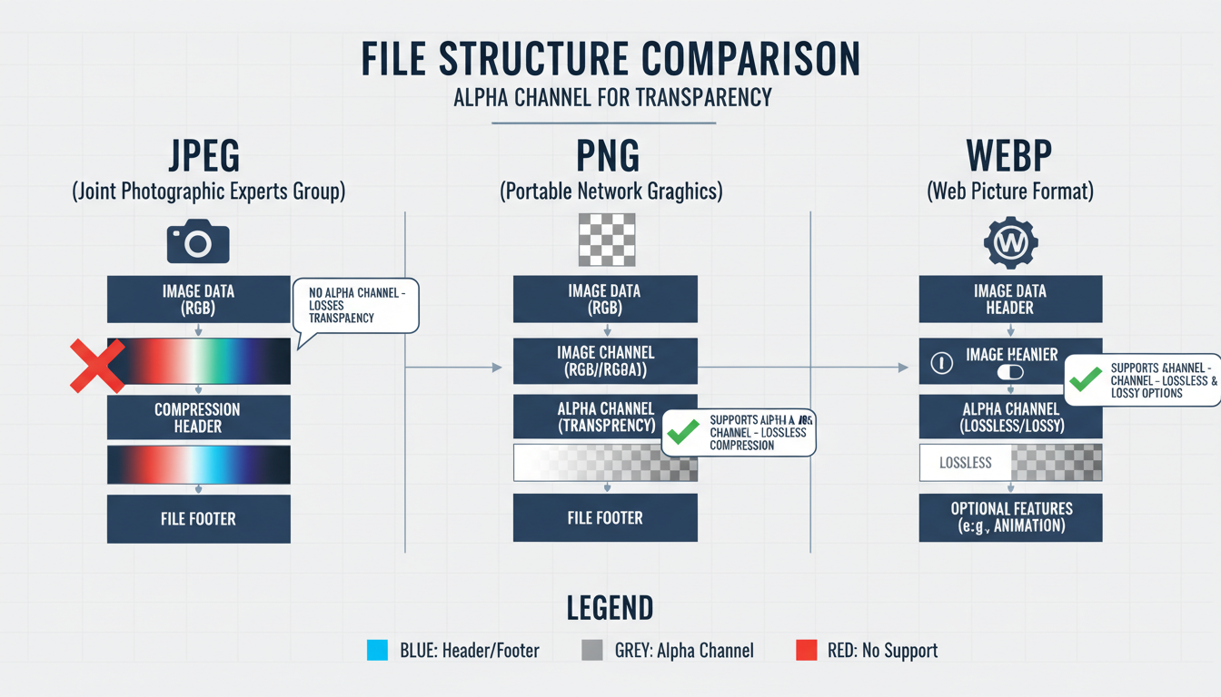 AI background remover - technical chart illustrating the difference between JPEG, PNG and WebP file structures specifically highlighting the alpha channel for transparency