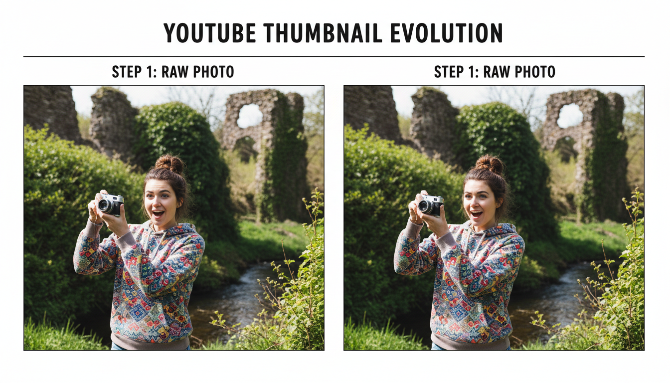 AI background remover - visual guide showing the evolution of a youtube thumbnail, step 1 raw photo, step 2 background removed, step 3 stroke added, step 4 final composition