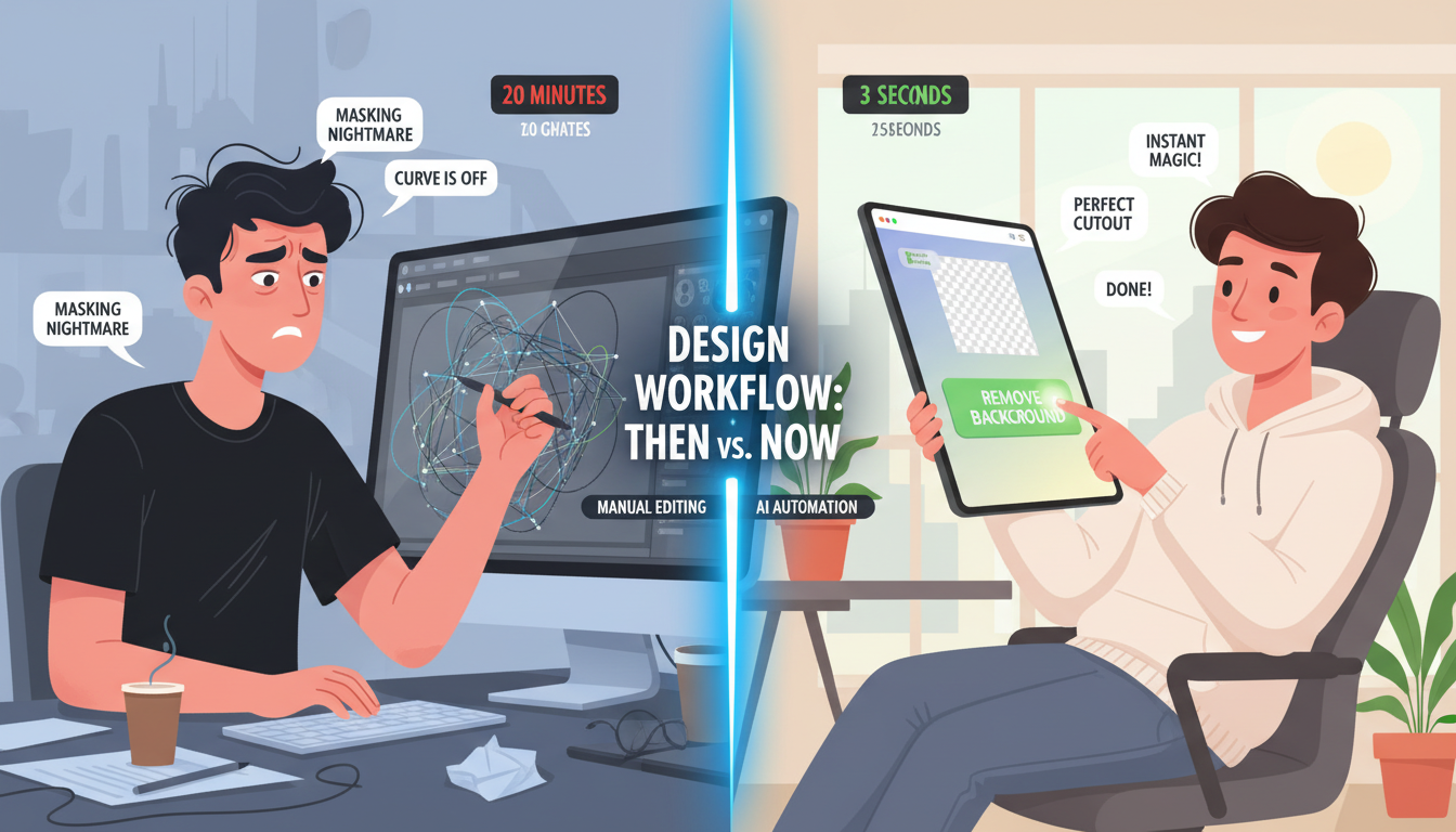 AI background remover - detailed comparison infographic split screen showing a stressed designer using photoshop pen tool on the left versus a relaxed user clicking one button on a modern interface on the right, with time clocks showing '20 mins' vs '3 seconds'