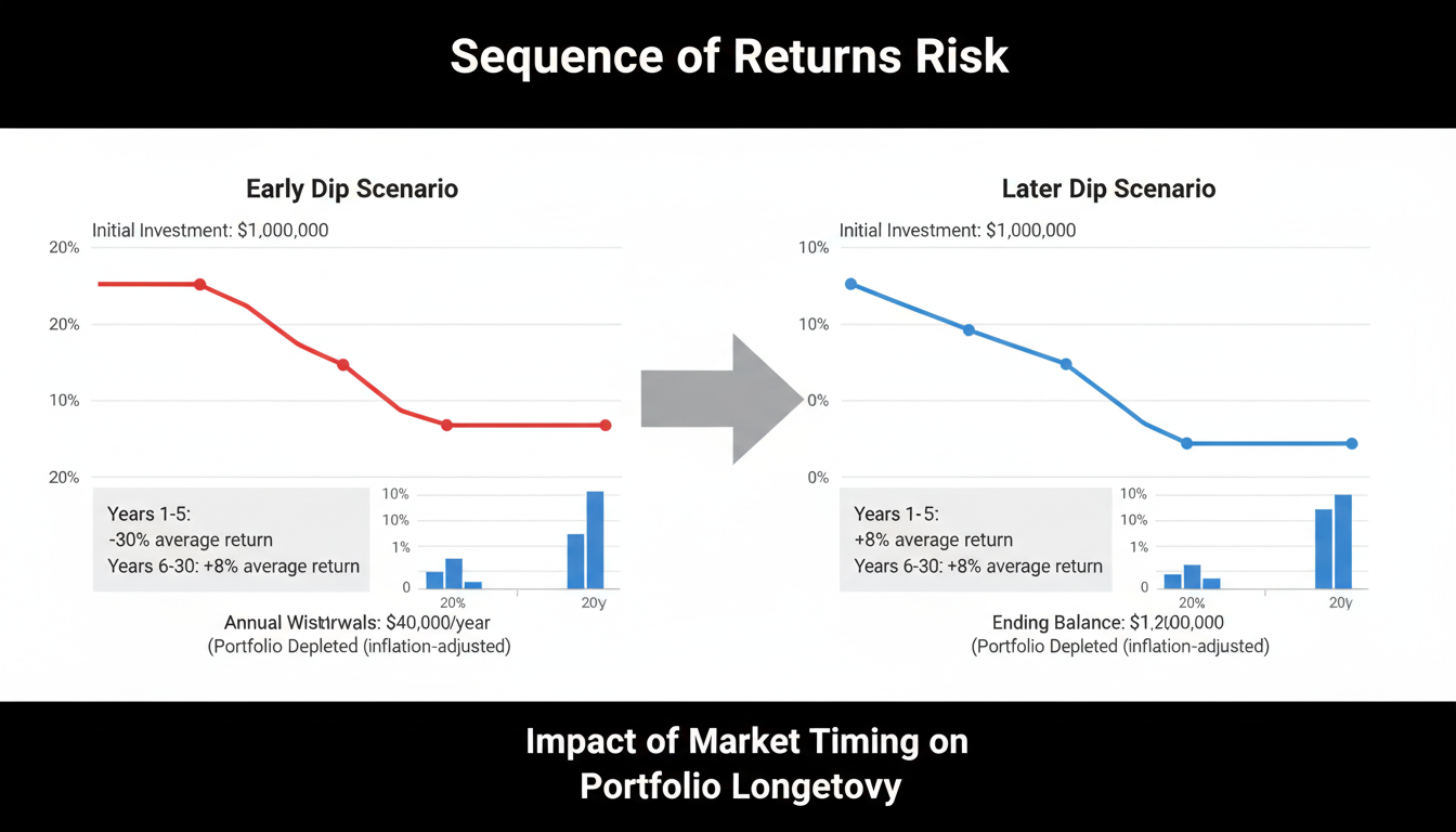 Retirement Calculator - visual diagram showing the 'sequence of returns risk', illustrating how a market dip early in retirement affects portfolio longevity compared to a dip later