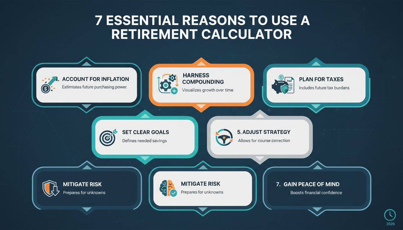 Retirement Calculator - detailed infographic showing the 7 reasons to use a retirement calculator, using icons for inflation, compounding, and taxes, with a modern 2026 design style