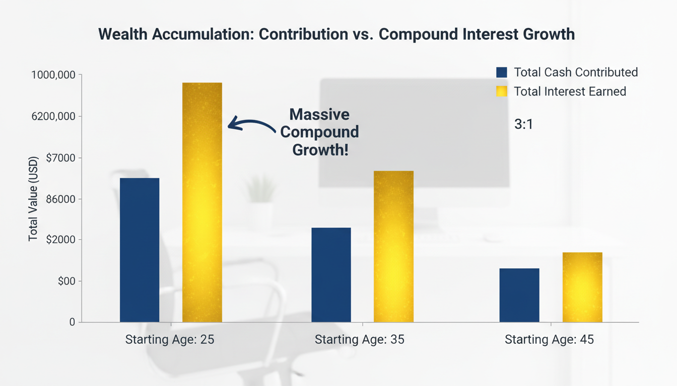 Retirement Calculator - bar chart comparing the total cash contributed vs interest earned for starting ages 25, 35, and 45, highlighting the massive growth of compound interest for early starters