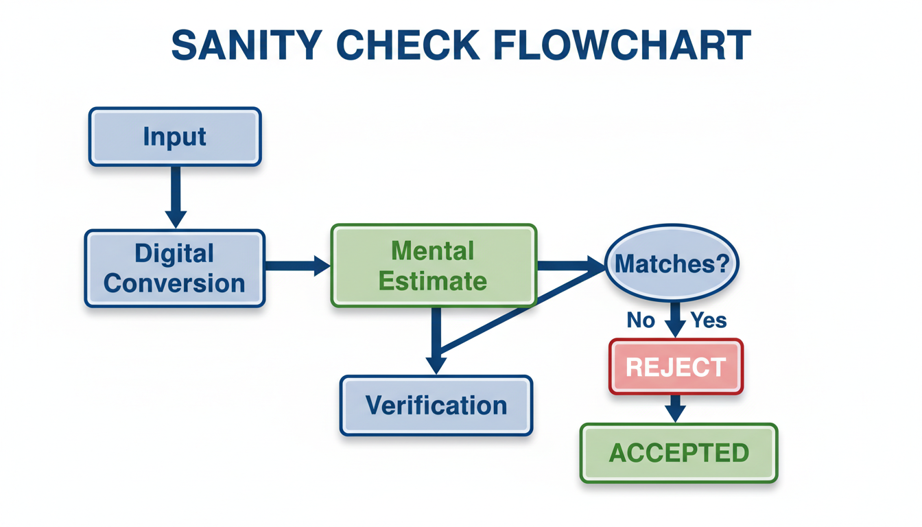 unit converter - step-by-step flowchart graphic illustrating the 'Sanity Check' process: Input -> Digital Conversion -> Mental Estimate -> Verification