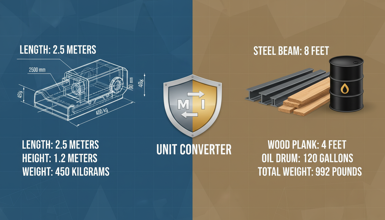 unit converter - professional infographic showing a split screen: one side shows a blueprint with metric measurements, the other side shows raw materials with imperial labels, connected by a central shield icon representing the unit converter