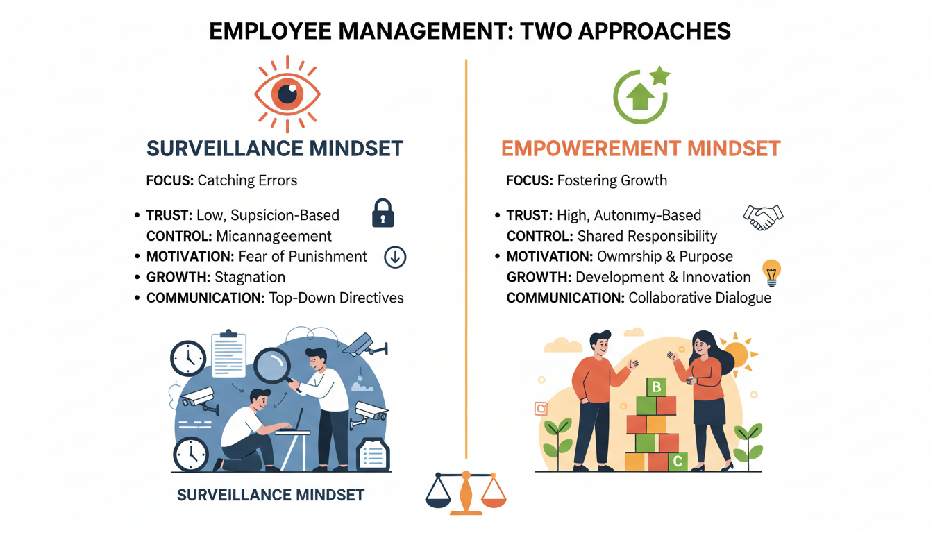 use of time tracker - psychological infographic illustrating the difference between 'surveillance' mindset and 'empowerment' mindset in employee management