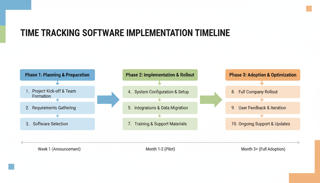 use of time tracker - step-by-step process flowchart showing the implementation timeline of time tracking software from announcement to full adoption