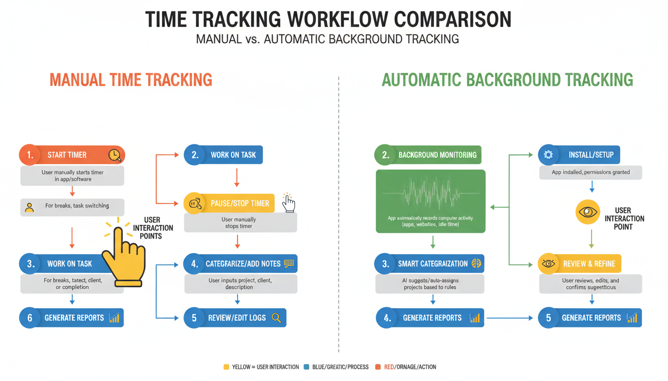 use of time tracker - detailed comparison infographic showing the workflow of manual time tracking versus automatic background tracking, highlighting user interaction points