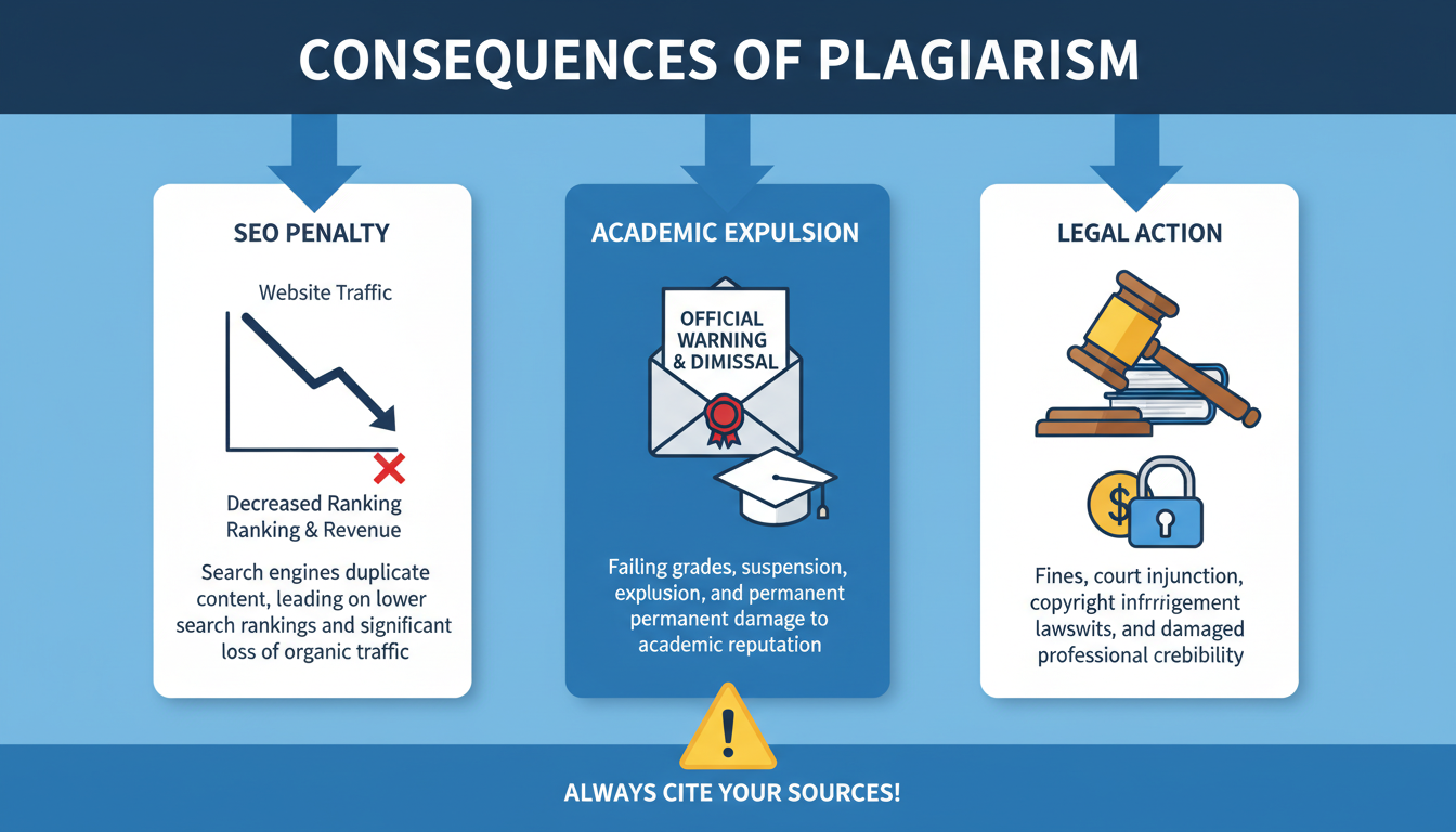 plagiarism checker - detailed infographic showing the consequences of plagiarism, split into three paths: SEO penalty (graph going down), Academic expulsion (warning letter), and Legal action (gavel icon)