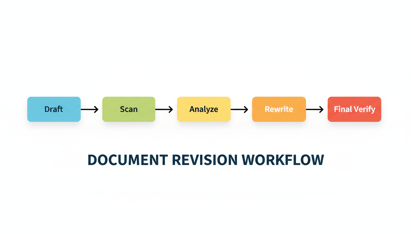 plagiarism checker - step-by-step process flowchart graphic showing the workflow: Draft -> Scan -> Analyze -> Rewrite -> Final Verify