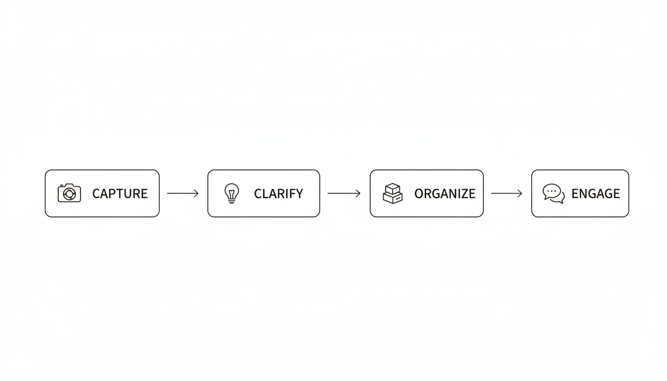 to-do list app - step-by-step diagram showing the workflow from 'Capture' to 'Clarify' to 'Organize' to 'Engage', minimalist flowchart style