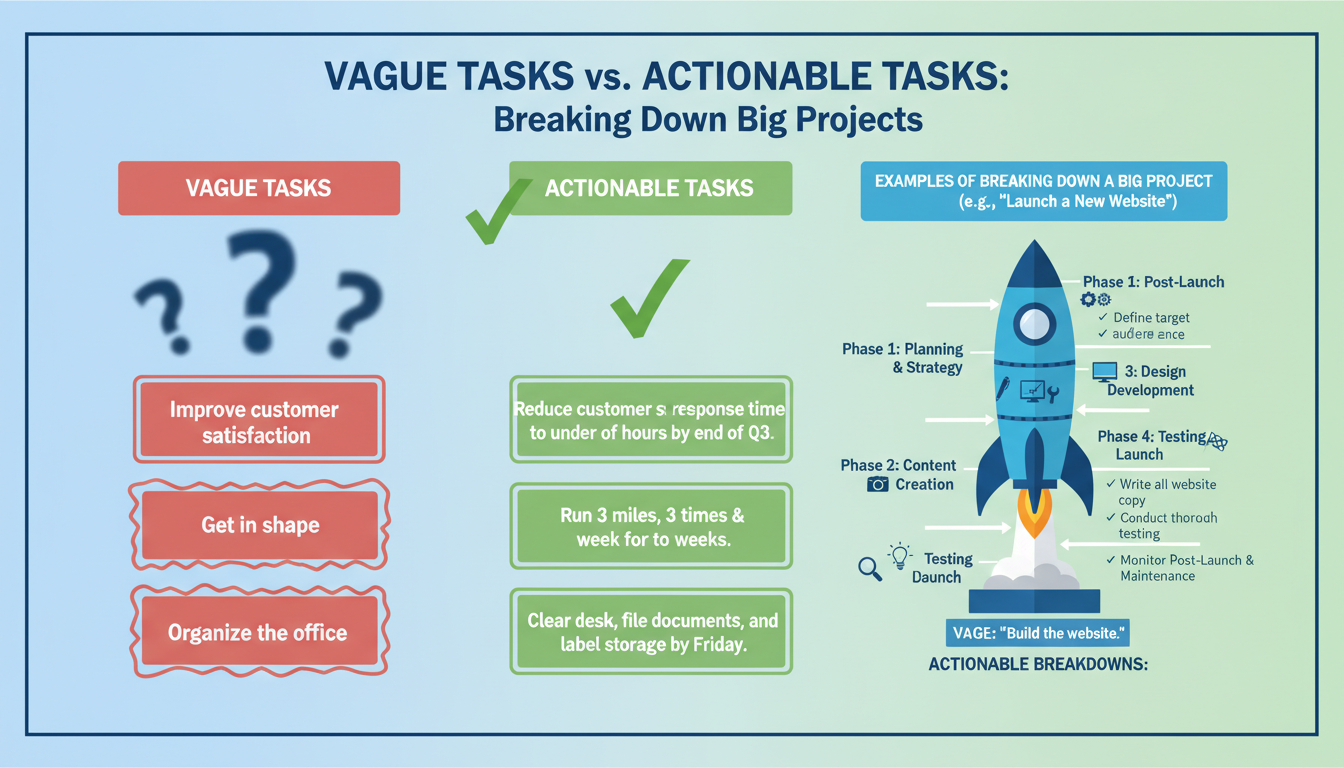 to-do list app - comparison chart showing 'Vague Tasks' vs 'Actionable Tasks' with examples of how to break down big projects