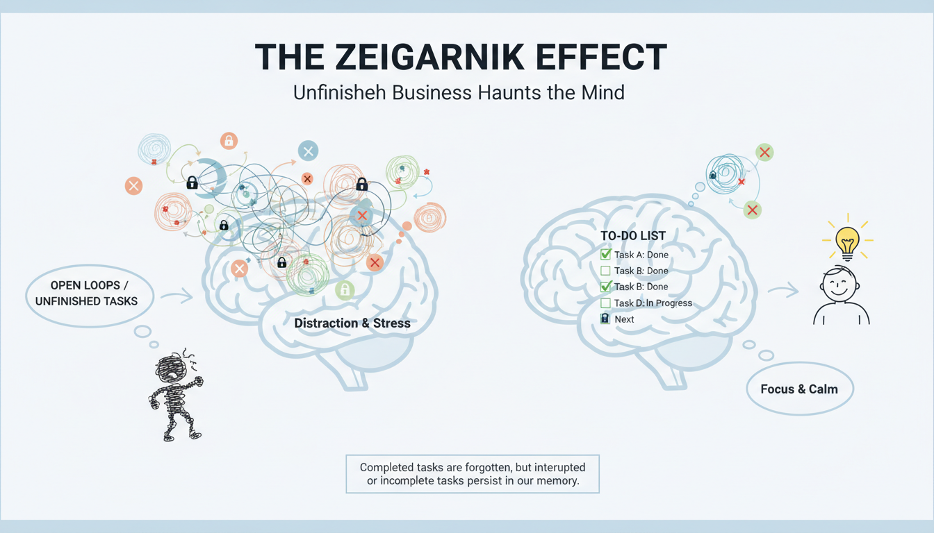 to-do list app - educational infographic illustrating the Zeigarnik Effect, showing a brain full of open loops vs a brain with a to-do list, clean and focused style