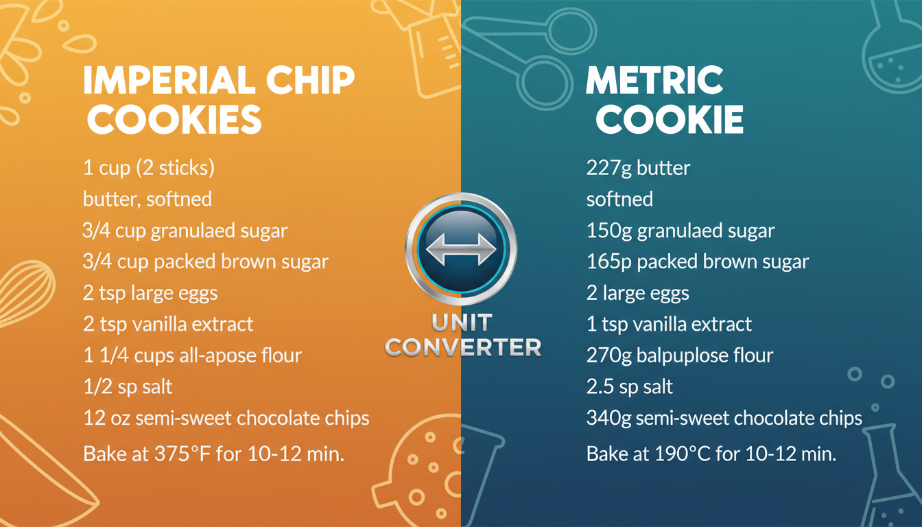 A vibrant, split-screen graphic showing a recipe in imperial units (cups, oz, °F) on one side and metric units (grams, ml, °C) on the other, with a sleek unit converter icon in the middle connecting them.
