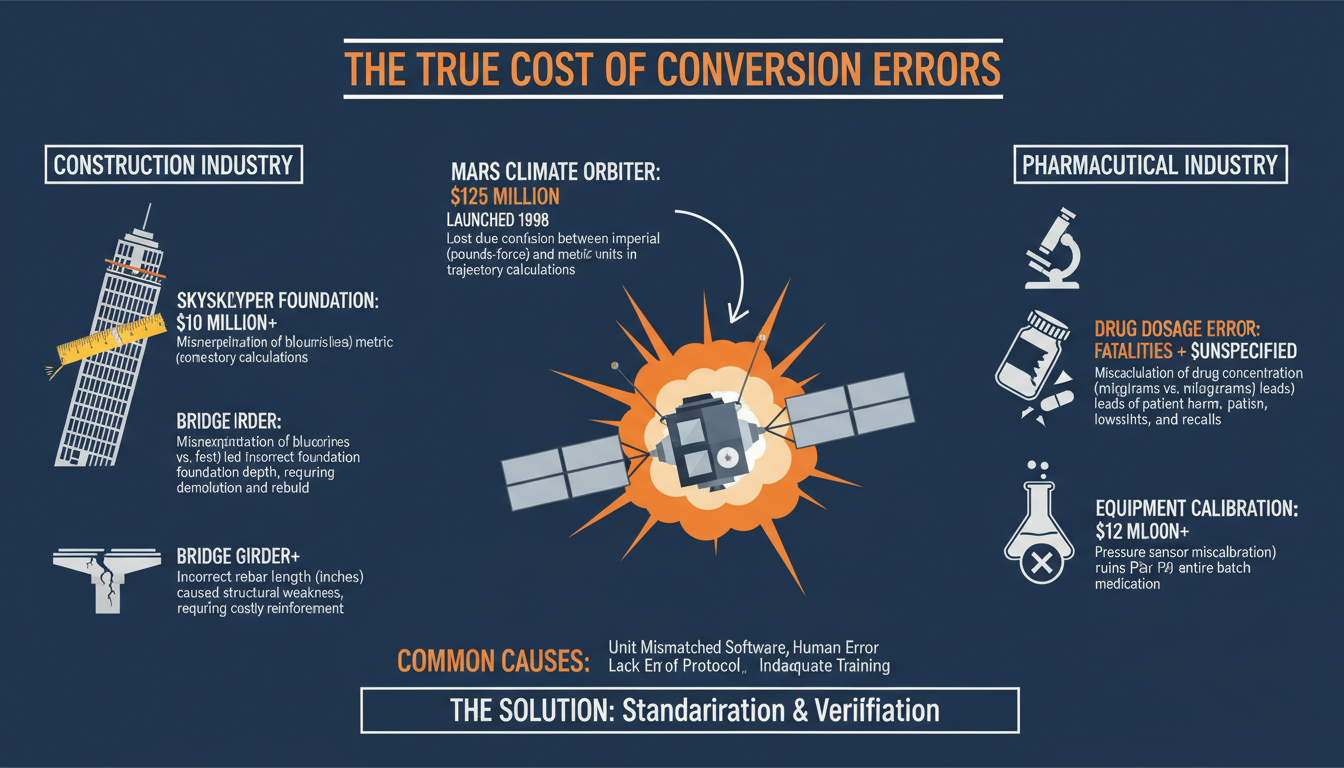 Detailed infographic showcasing the cost of conversion errors in different industries, with the Mars Climate Orbiter as the centerpiece, alongside smaller examples from construction and pharmaceuticals.