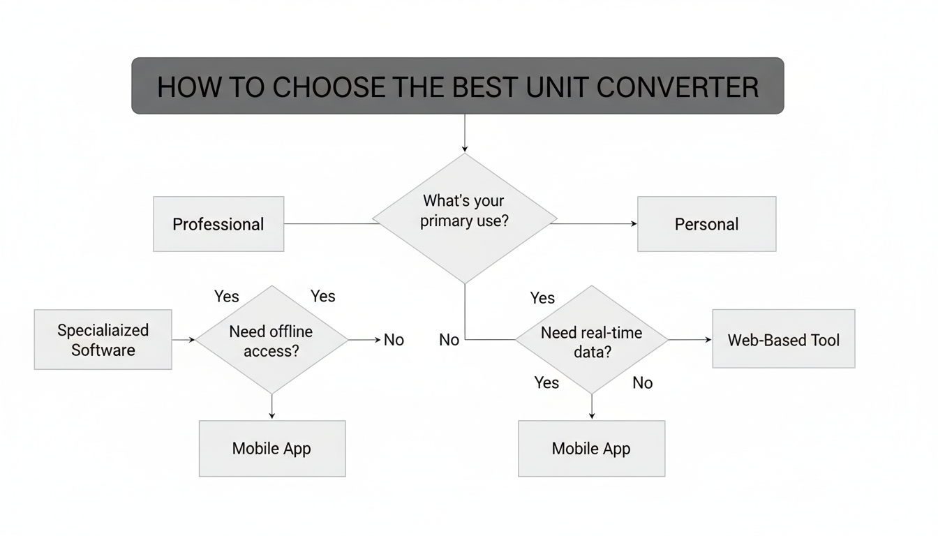 A professional minimalist flowchart guiding a user on how to choose the best unit converter. Branches include 'What's your primary use?' (Professional vs. Personal), 'Need offline access?' (Yes/No), and 'Need real-time data?' (Yes/No), leading to recommendations like 'Specialized Software', 'Mobile App', or 'Web-Based Tool'.
