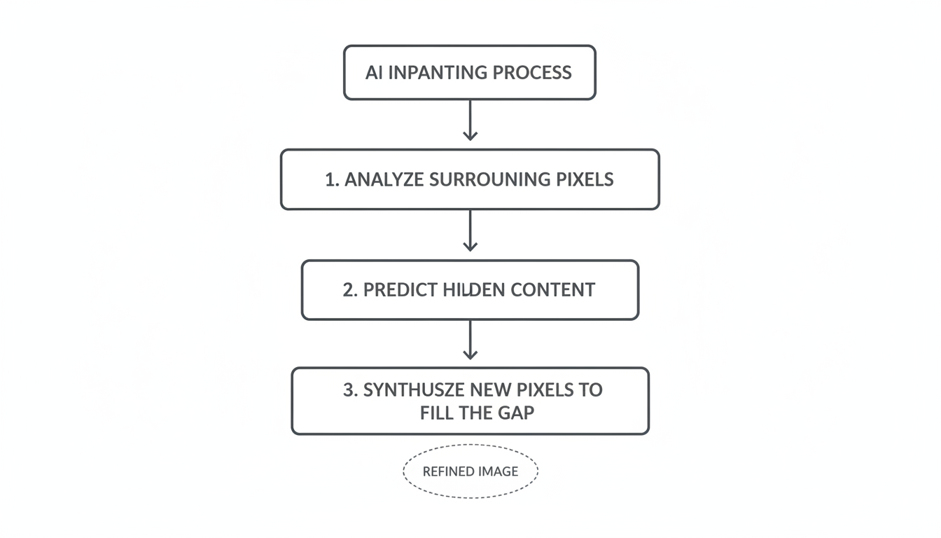 Professional minimalist flowchart showing the 3-step AI inpainting process: 1. Analyze surrounding pixels, 2. Predict hidden content, 3. Synthesize new pixels to fill the gap.