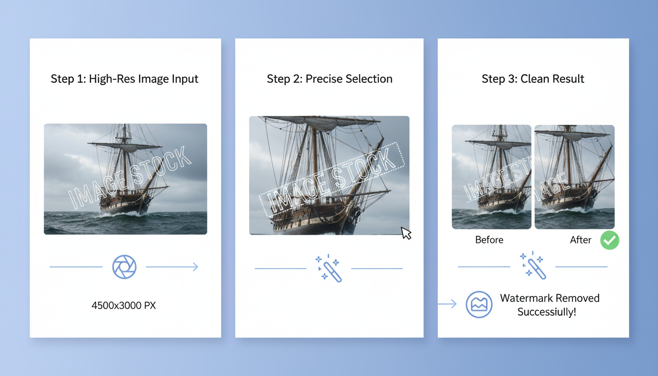 Step-by-step diagram showing the watermark removal workflow. Step 1: High-res image input. Step 2: Zoomed-in view of a precise brush selection around a watermark. Step 3: A side-by-side comparison of the 'before' and 'after' result, highlighting the clean removal.