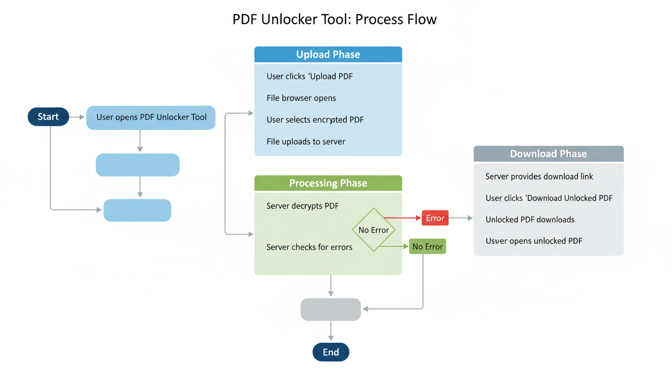 PDF unlocker - step-by-step process flowchart showing the upload, processing, and download phases of a PDF unlocker tool
