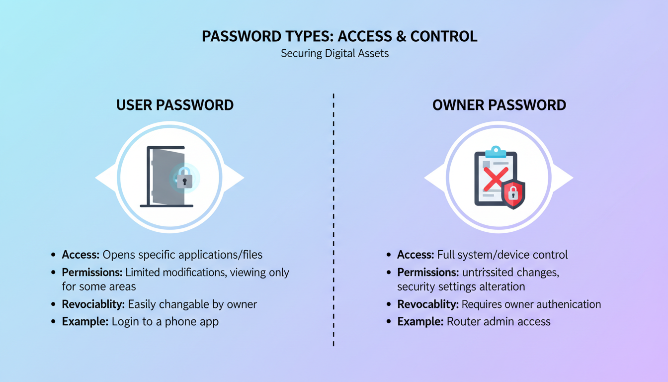 PDF unlocker - detailed infographic comparing User Password vs Owner Password with visual icons of a locked door versus a restricted clipboard