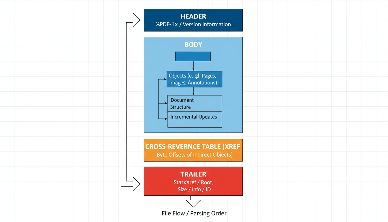 PDF unlocker - technical diagram showing the layers of a PDF file including the header, body, cross-reference table, and trailer
