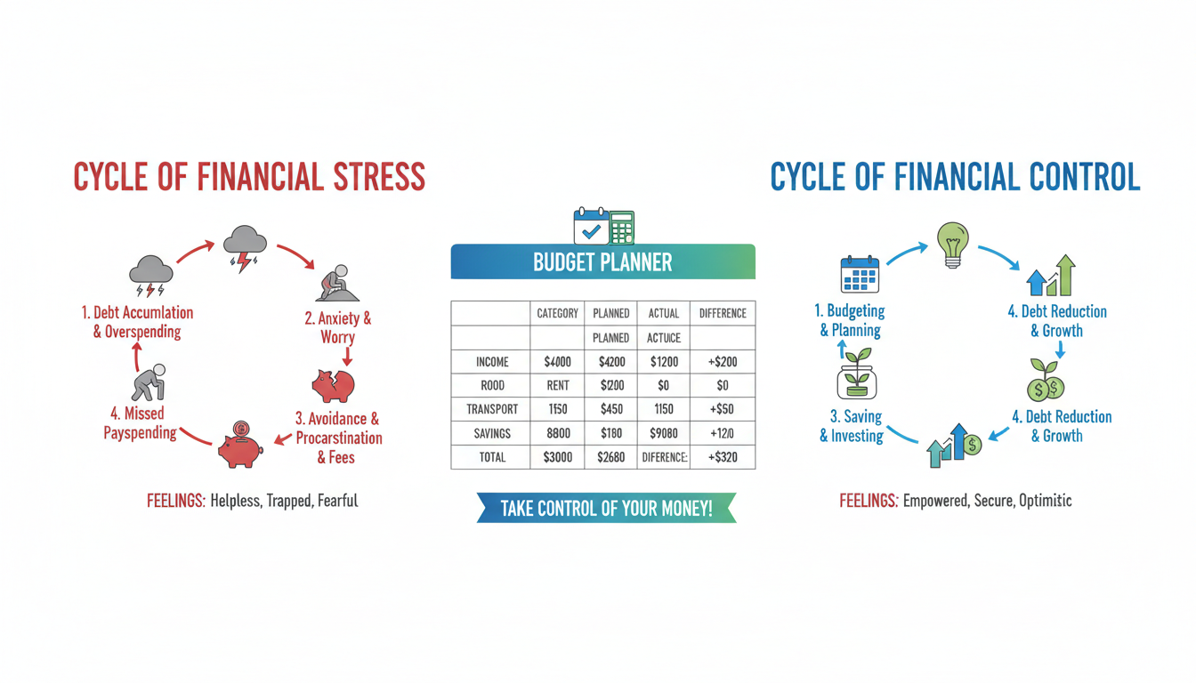 budget planner - educational infographic showing the 'Cycle of Financial Stress' vs the 'Cycle of Financial Control' with a budget planner