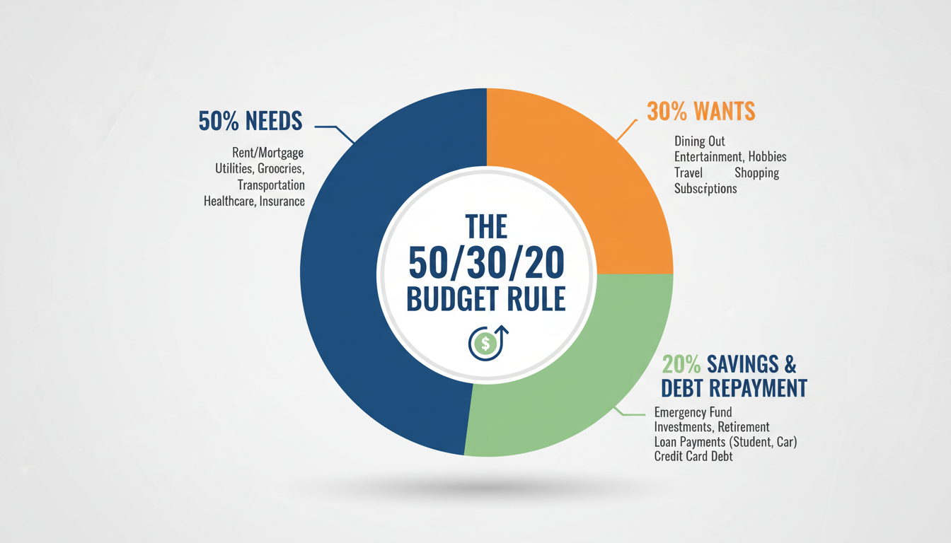 budget planner - detailed pie chart graphic illustrating the 50/30/20 rule with examples of expenses in each category