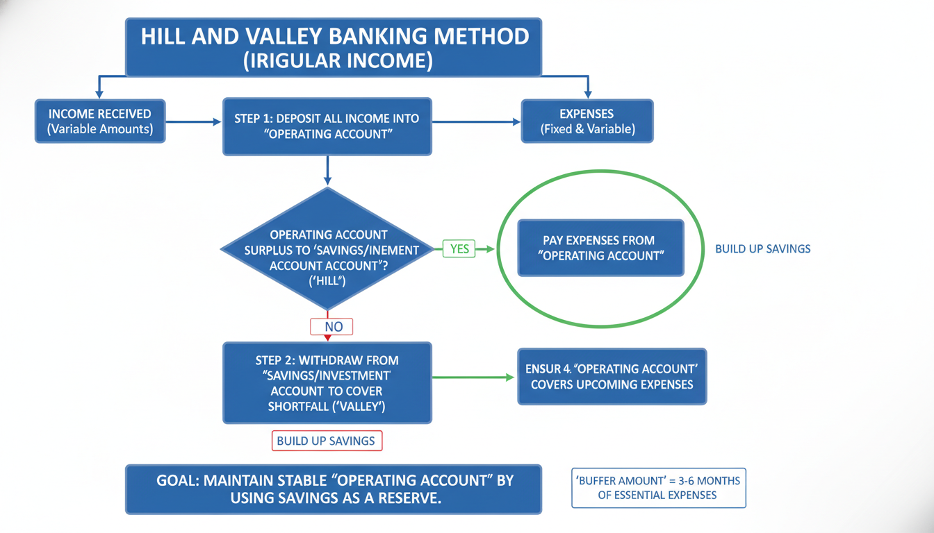 budget planner - process flowchart showing the 'Hill and Valley' banking method for irregular income streams