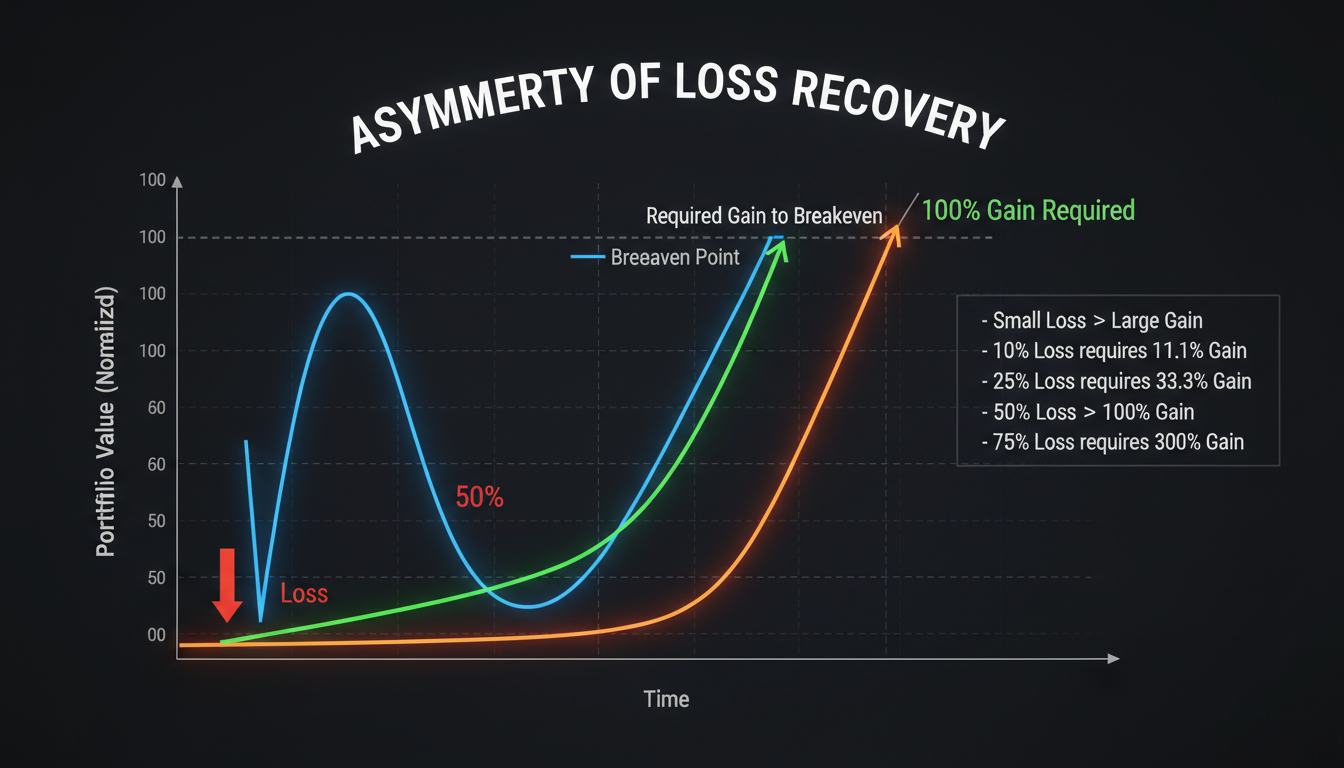 percent change - data trend graph showing the asymmetry of loss recovery, illustrating the steep curve of required gains to recover from losses