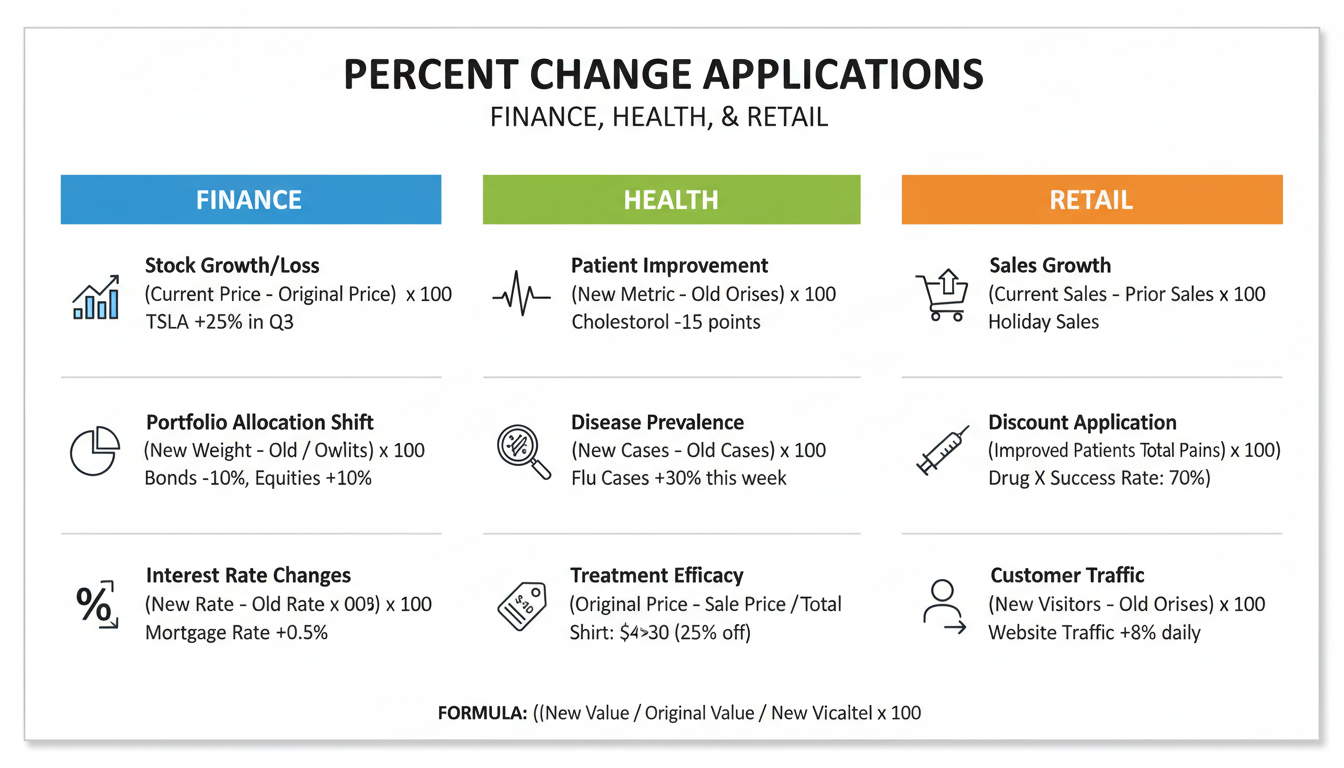 percent change - educational infographic comparing percent change applications in finance, health, and retail sectors