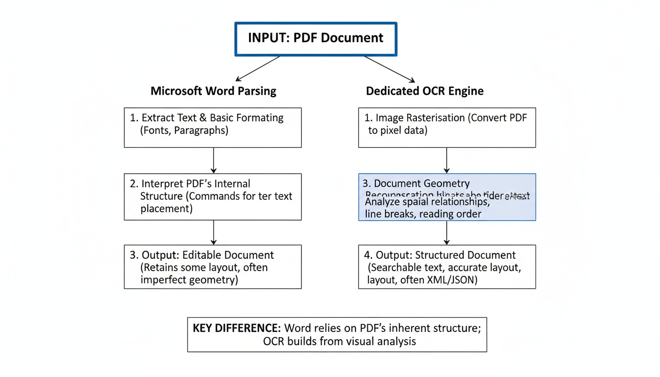 best PDF to Word converter - Professional minimalist flowchart showing the technical difference between how Microsoft Word parses a PDF versus how a dedicated OCR engine reconstructs document geometry.