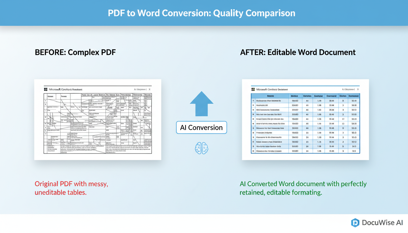 best PDF to Word converter - Detailed comparison table as a high-quality graphic showing a 'Before' PDF with complex tables and an 'After' Word document showing perfectly retained formatting.