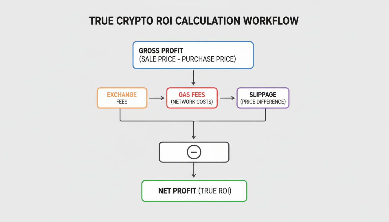 crypto ROI calculator - professional minimalist flowchart showing the workflow of calculating true crypto ROI, moving from gross profit through exchange fees, gas fees, and slippage to reveal net profit