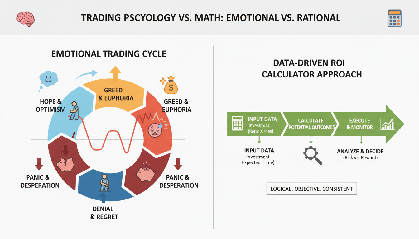 crypto ROI calculator - educational infographic showing the psychological cycle of emotional trading versus the linear, data-driven approach of using an ROI calculator